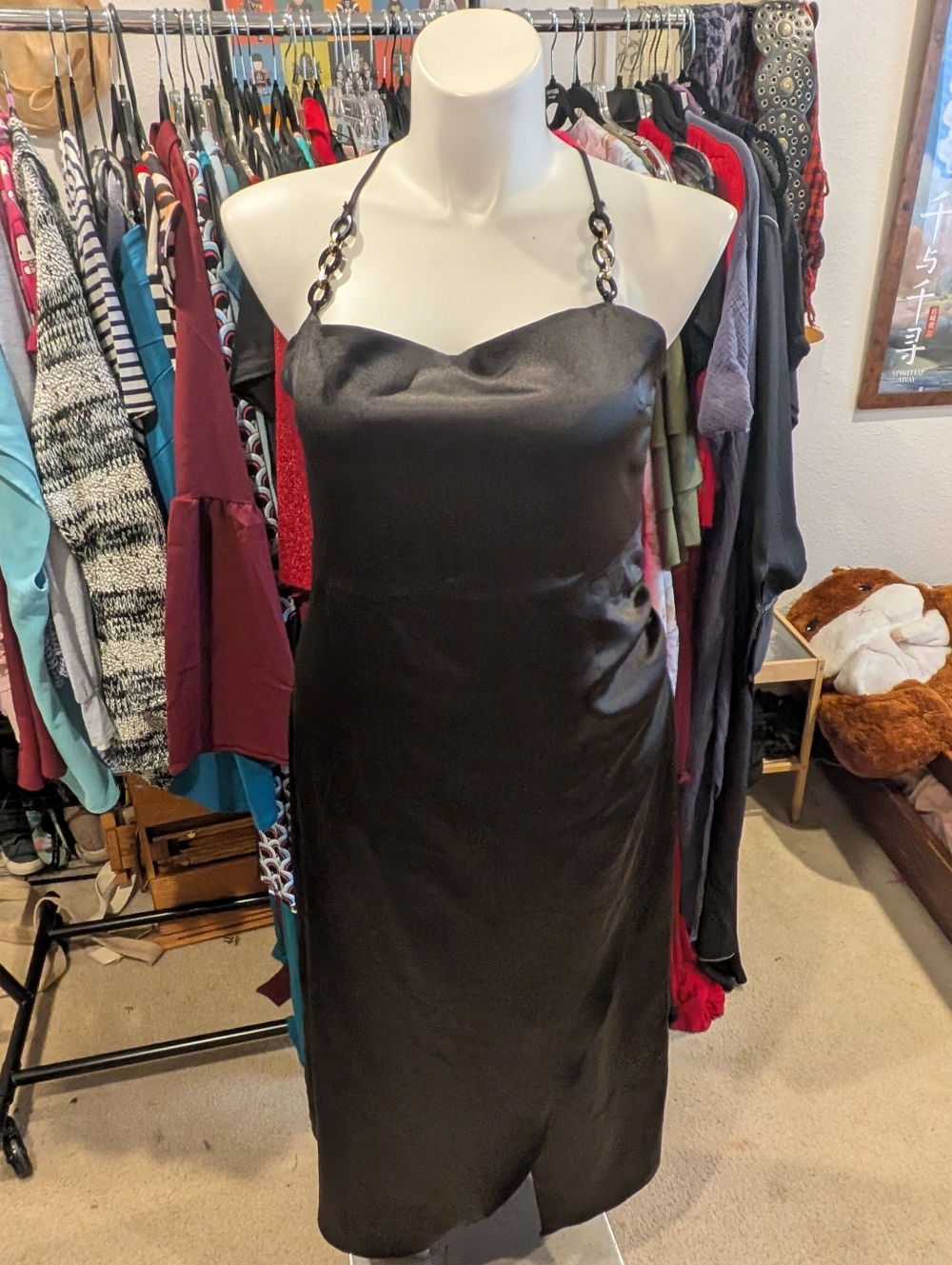 Zara Black Satin Dress with Chain Cross Back Detail - XXL